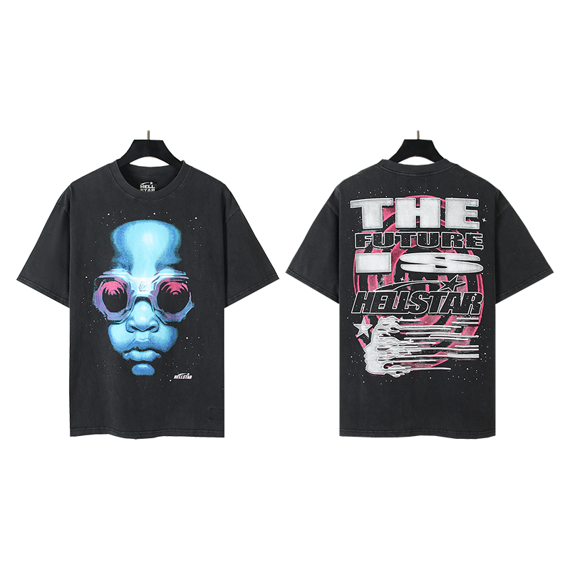 617# Foto real Hellstar Camiseta de manga corta con estampado lavado Tejido: 250 gramos 32 hilos doble algodó…