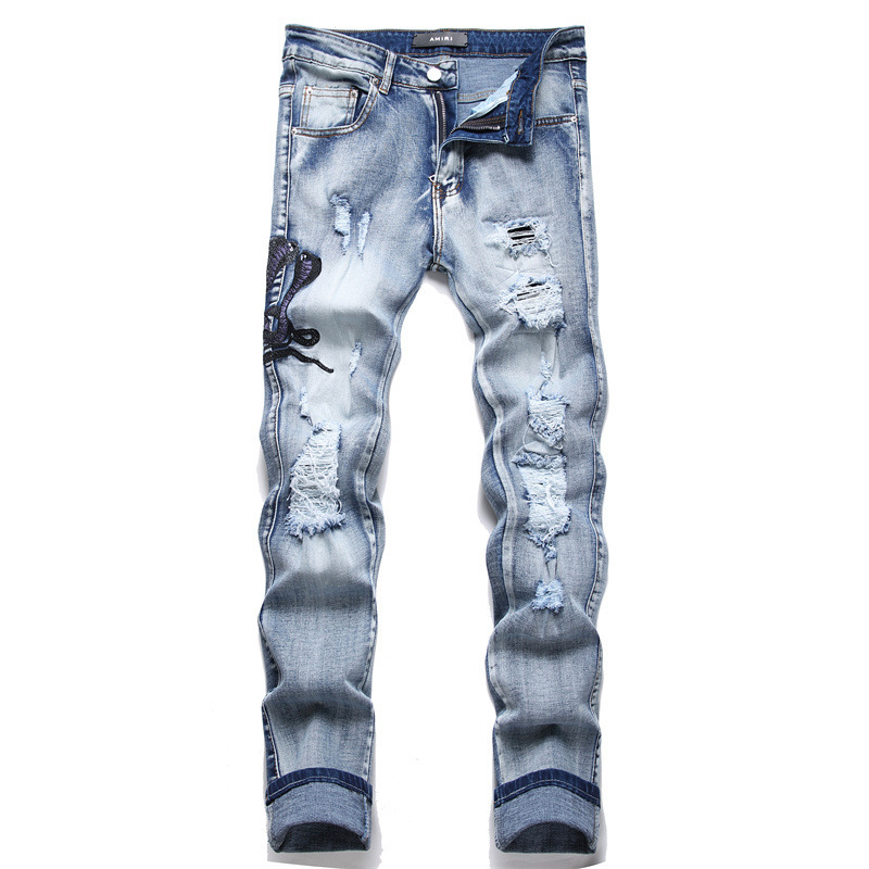 “Autonomous AMIRI Purple Cobra Embroidered Jeans: Hand-Coded Logo Buttons, Light Blue, Sizes S-XL” - 图片 1