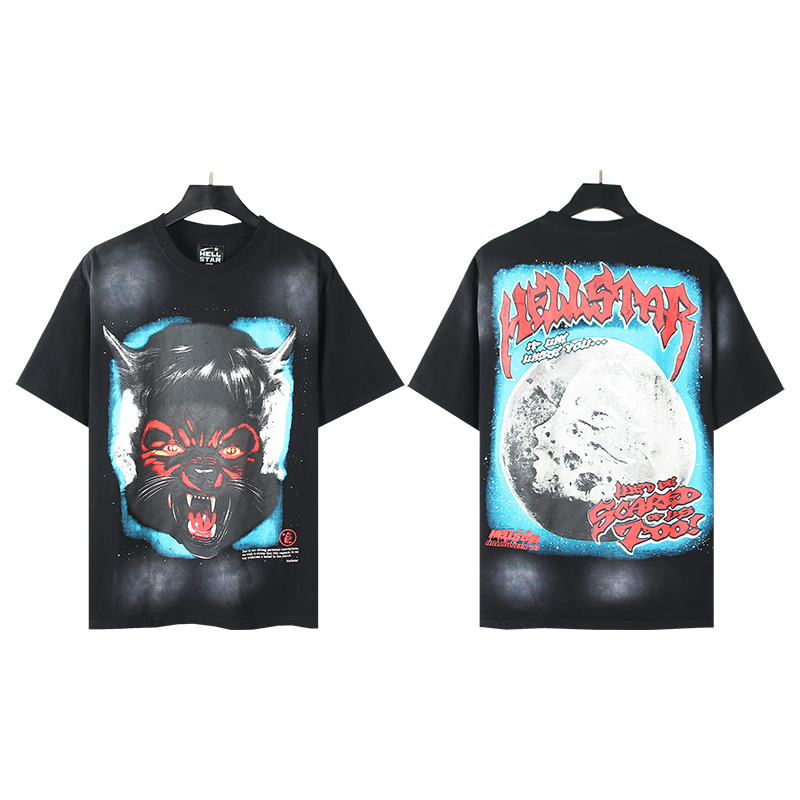 622# Foto real Hellstar Camiseta de manga corta con estampado de lobo aullando a la luna llena lavada Tejido: 250 gramo…