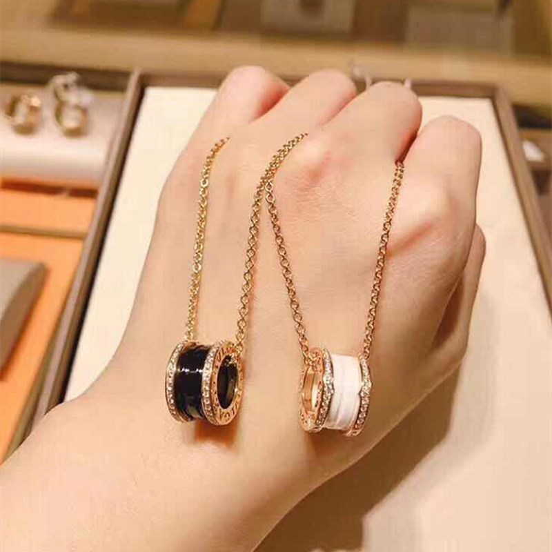💕宝格丽💕宝格丽BVLGARI女士18K玫瑰金镶白陶瓷双排密钻弹簧项链.
