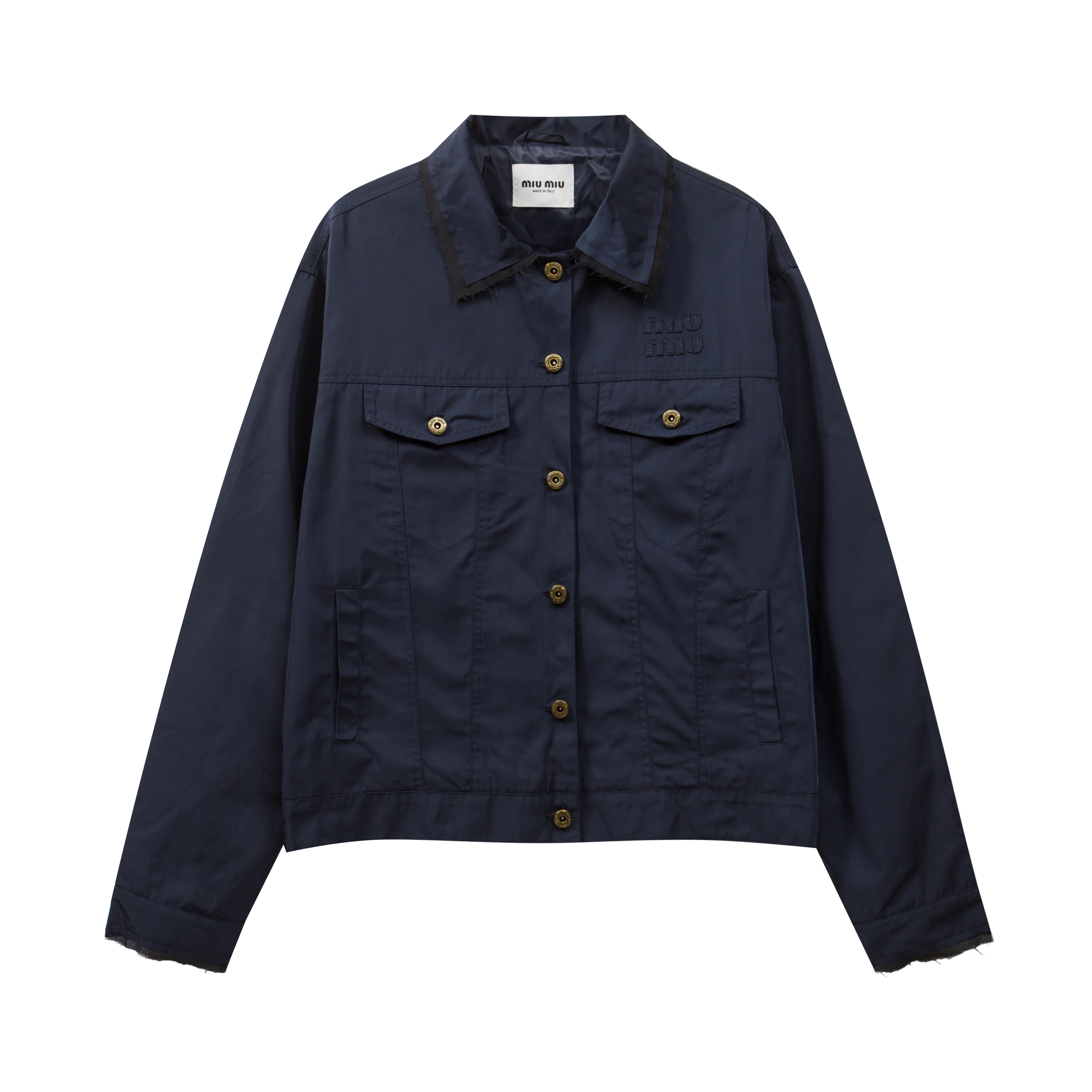 5816#💰185
斜纹尼龙再生棉定制藏蓝色面料 miu miu短款夹克复古纽扣外套 尺码S M L XL
