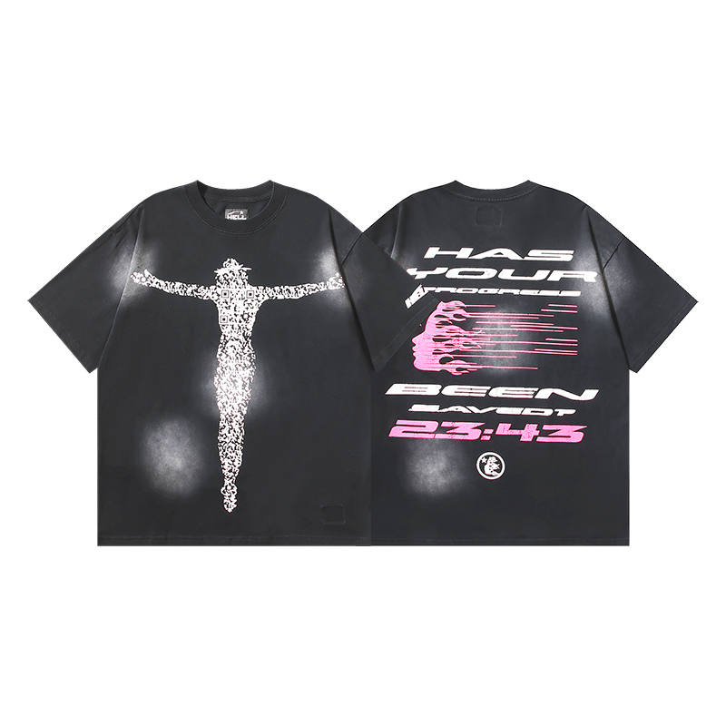 612# Negro lavado Foto real Hellstar lavado y estampado camiseta de manga corta Tejido: 250g 32s algodón peinado doble …