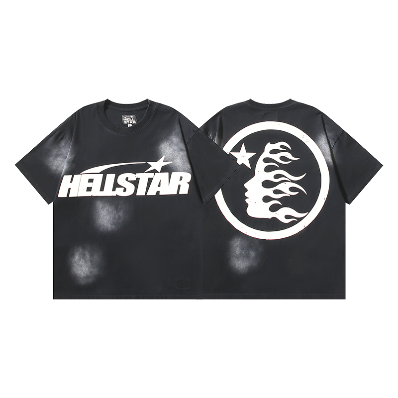 613# Negro lavado Foto real Hellstar lavado y estampado camiseta de manga corta Tejido: 250g 32s algodón pein…
