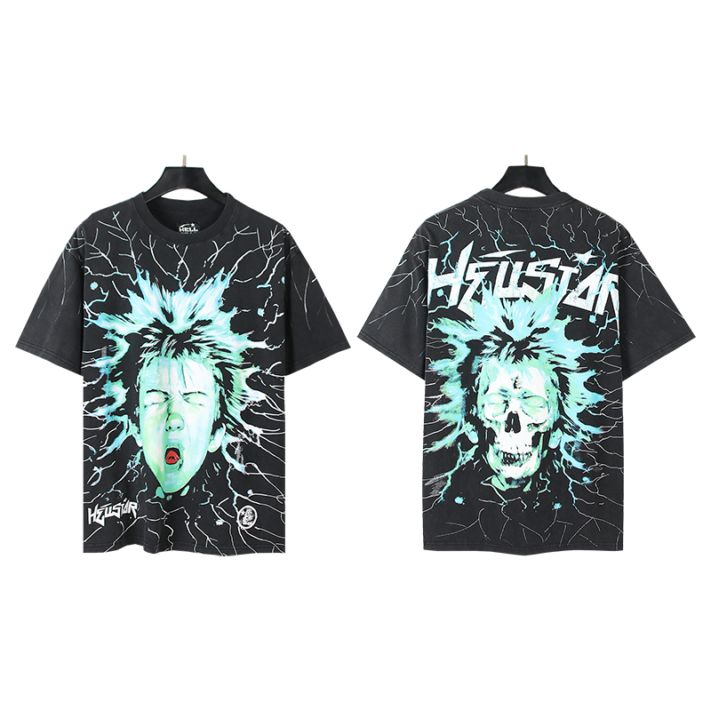 616# Foto real Hellstar Camiseta de manga corta con estampado lavado Tejido: 250 gramos 32 hilos doble algodó…