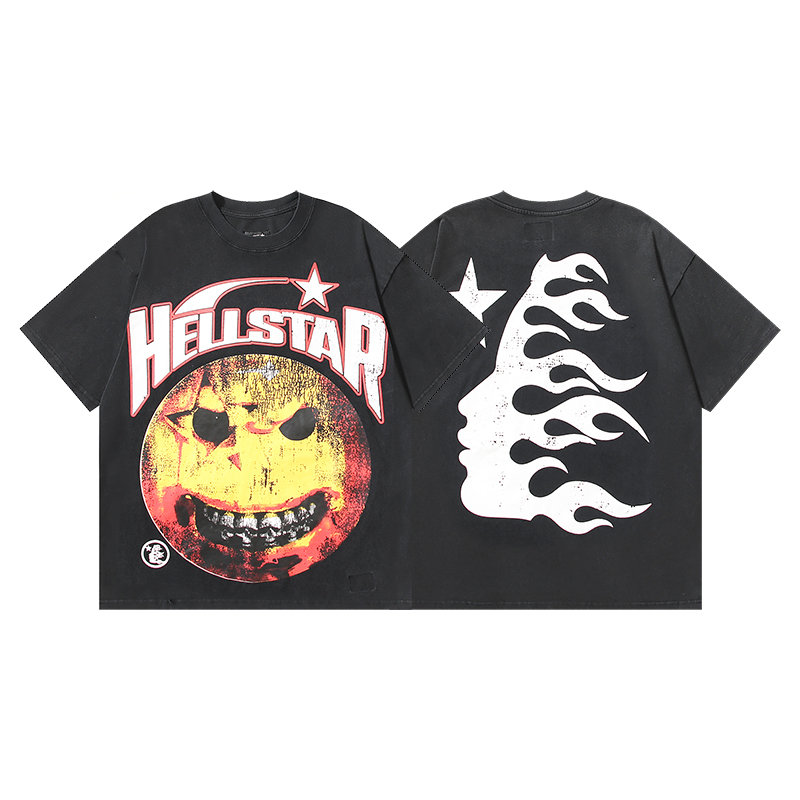 606# Negro lavado Foto real Hellstar sonrisa tierra lavado y estampado camiseta de manga corta Tejido: 250g 32s algodón…