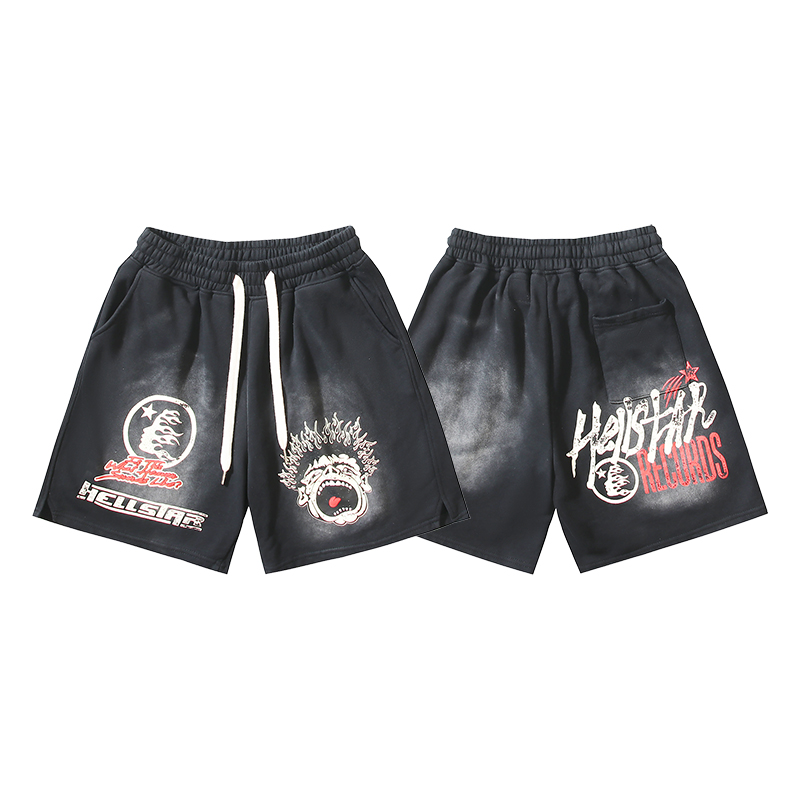 702# Negro lavado Real Hellstar Estrella del Infierno Pantalones cortos casuales lavados y desgastados Tejido…