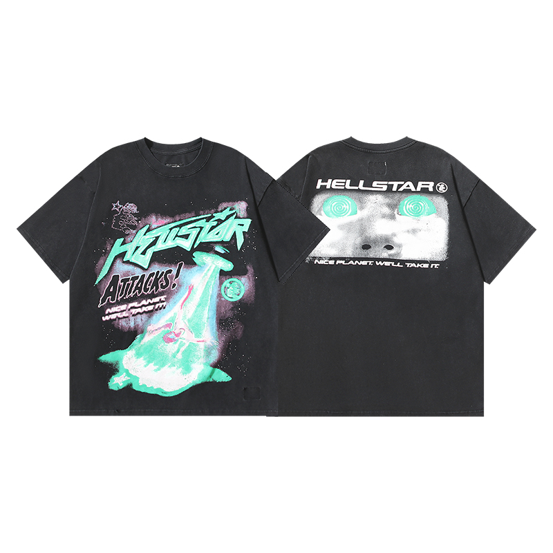 618# Negro lavado Foto real Hellstar lavado y estampado camiseta de manga corta Tejido: 250g 32s algodón peinado doble …