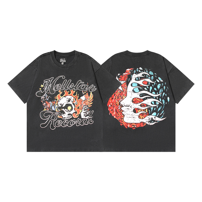 #629 Lavado negro, foto real, Hellstar camiseta de manga corta con estampado lavado, tela: 250g, 32 hilos, algodón pein…