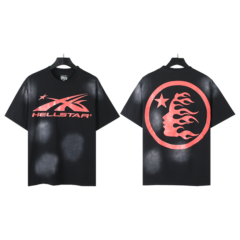 621# Foto real Hellstar Camiseta de manga corta con estampado lavado de logo grande Tejido: 250 gramos 32 hilos doble a…