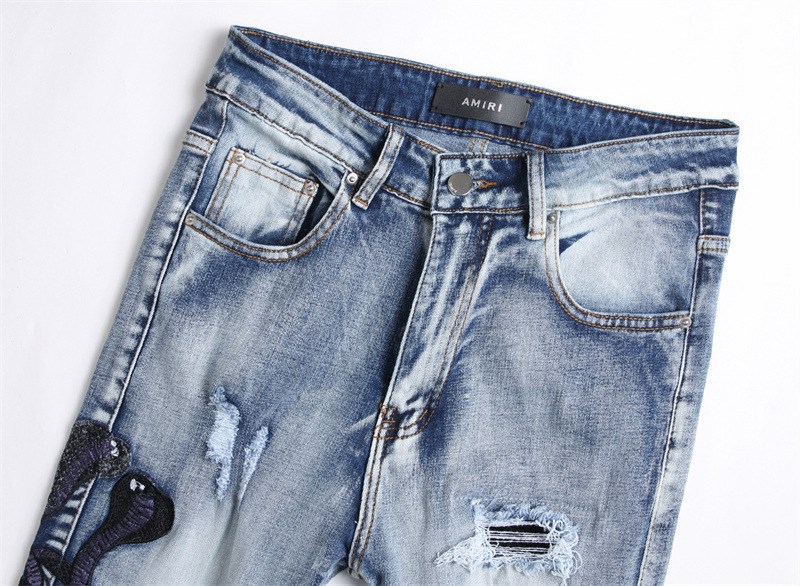 “Autonomous AMIRI Purple Cobra Embroidered Jeans: Hand-Coded Logo Buttons, Light Blue, Sizes S-XL” - 图片 3