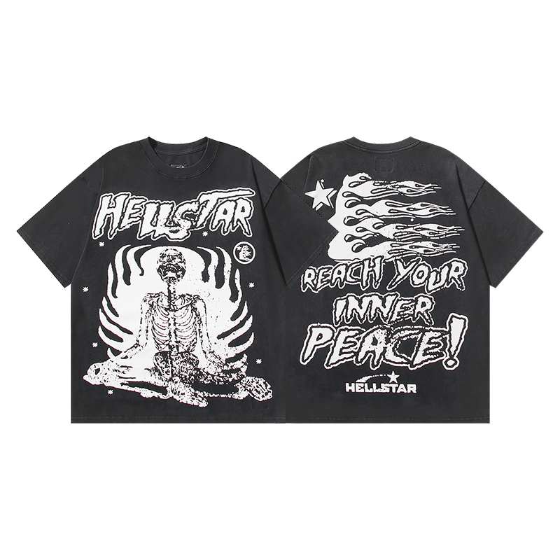 608# Negro lavado Foto real Hellstar calavera proceso pesado lavado camiseta de manga corta Tejido: 250g 32s algodón pe…