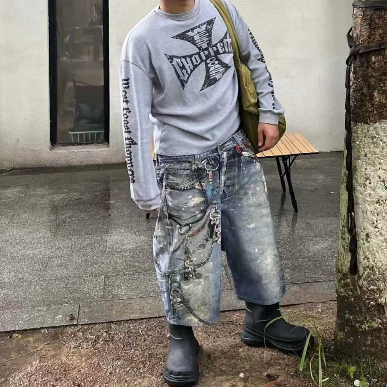 款号9359 P60 ERD造型师West Coast ChoppersVintage十字梵文灰色华夫格长袖Tee | 又拍图片管家