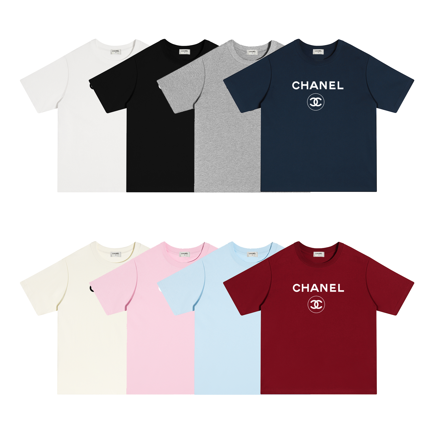 X102 P70 CHANEL camiseta de manga corta S-XL blanco, negro, albaricoque, gris, azul marino, rosa, azul, rojo, algodón p…