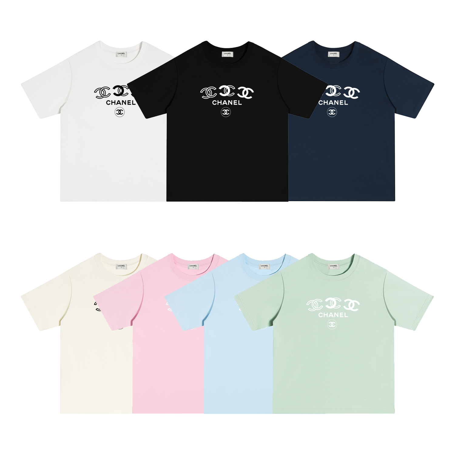 X112 P70 CHANEL Camiseta de manga corta S-XL blanco, negro, albaricoque, azul marino, rosa, azul, verde, algodón puro d…