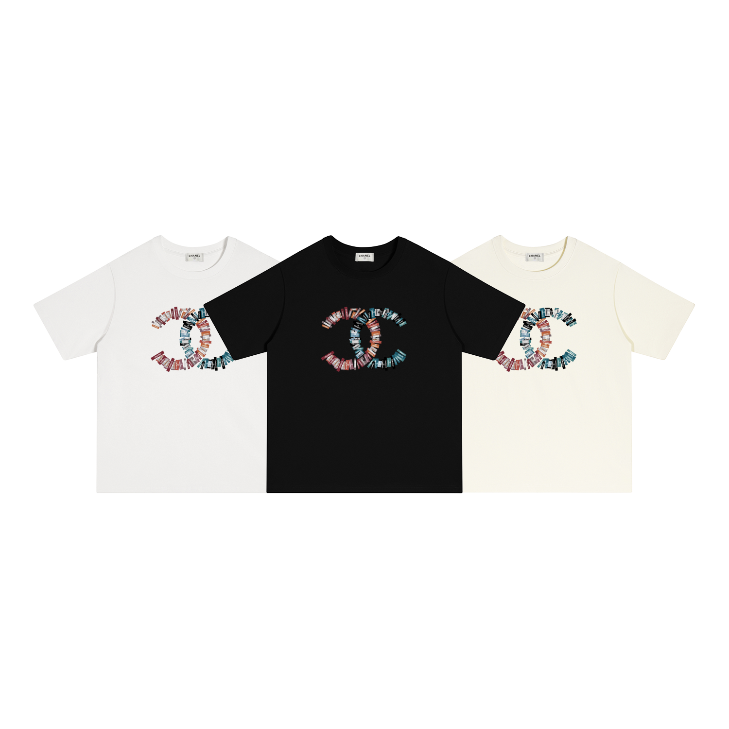 X106 P70 CHANEL Camiseta de manga corta S-XL blanco, negro, albaricoque, algodón puro de doble hilo 32 cabos 260 gramos