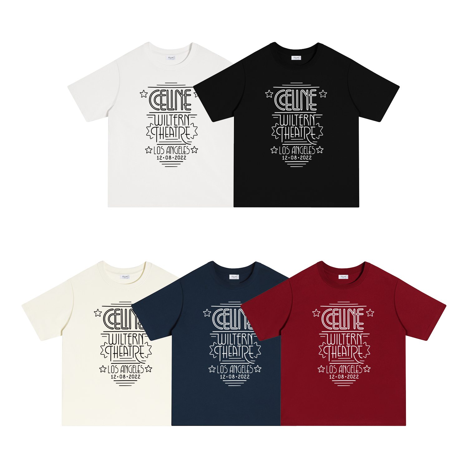 S115 P70 CELINE/Céline Camiseta de manga corta S-XL Blanco, negro, beige, azul marino, rojo, algodón puro de doble hilo…