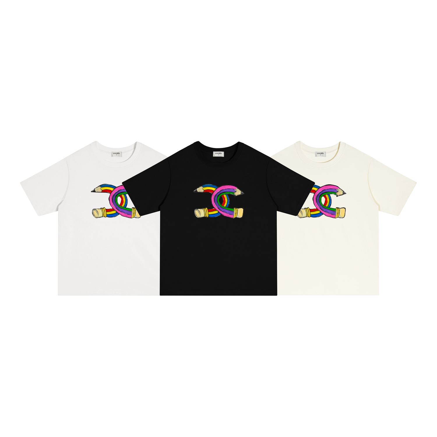 X108 P70 CHANEL Camiseta de manga corta S-XL blanco, negro, albaricoque, algodón puro de doble hilo 32 cabos 260 gramos