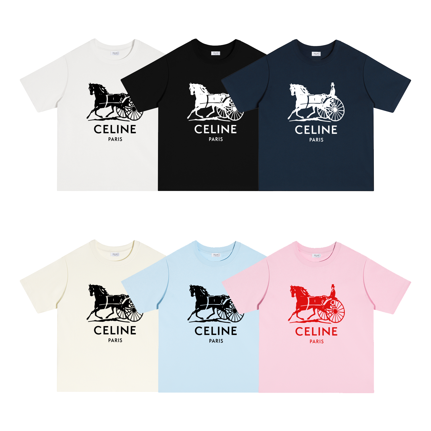 S132 P70 CELINE/ camiseta de manga corta S-XL blanco, negro, albaricoque, azul marino, rosa, azul, algodón puro de dobl…