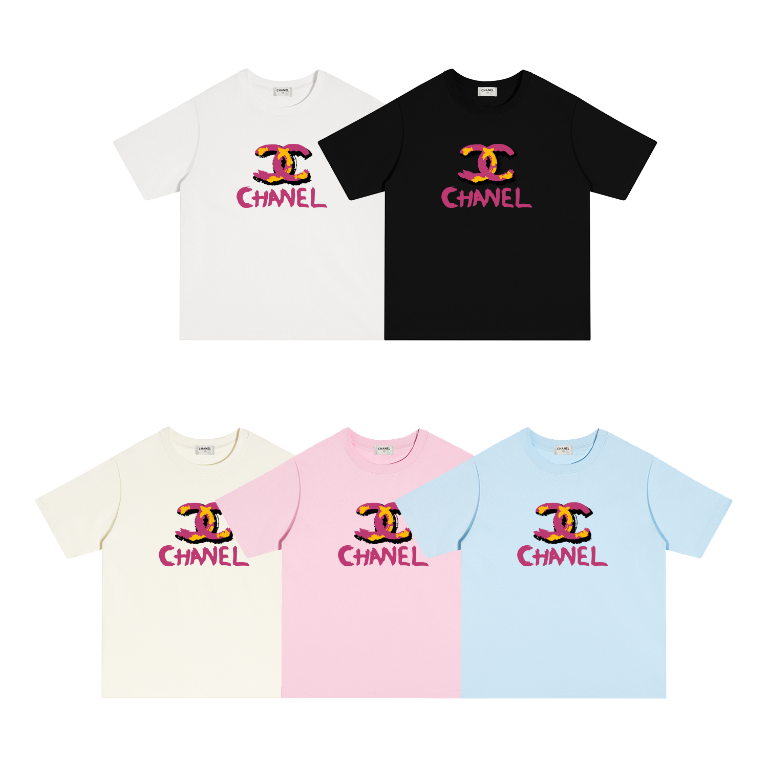 X107 P70 CHANEL Camiseta de manga corta S-XL blanco, negro, albaricoque, rosa, azul, algodón puro de doble hilo 32 cabo…