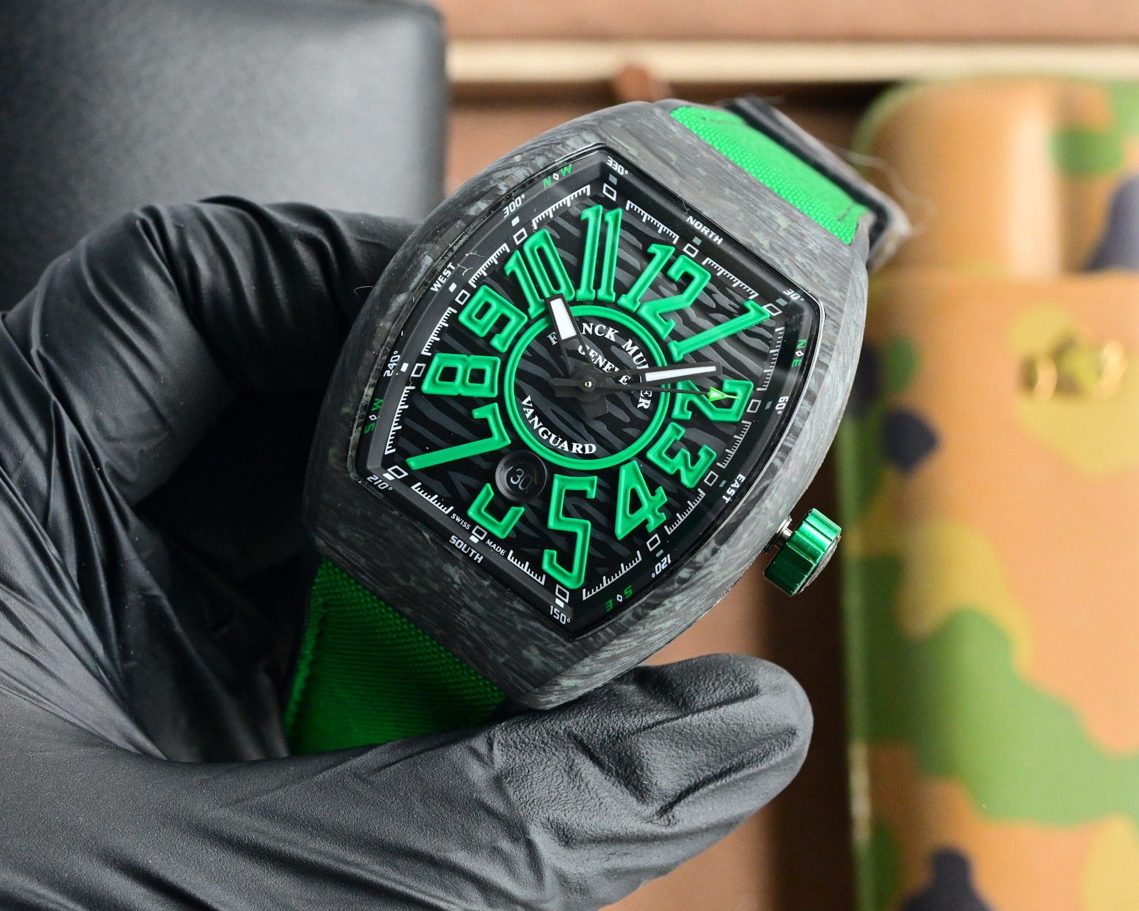 Franck Muller Vanguard V45 black carbon case, black dial, green numerals, green strap 45mm Men's Automatic
