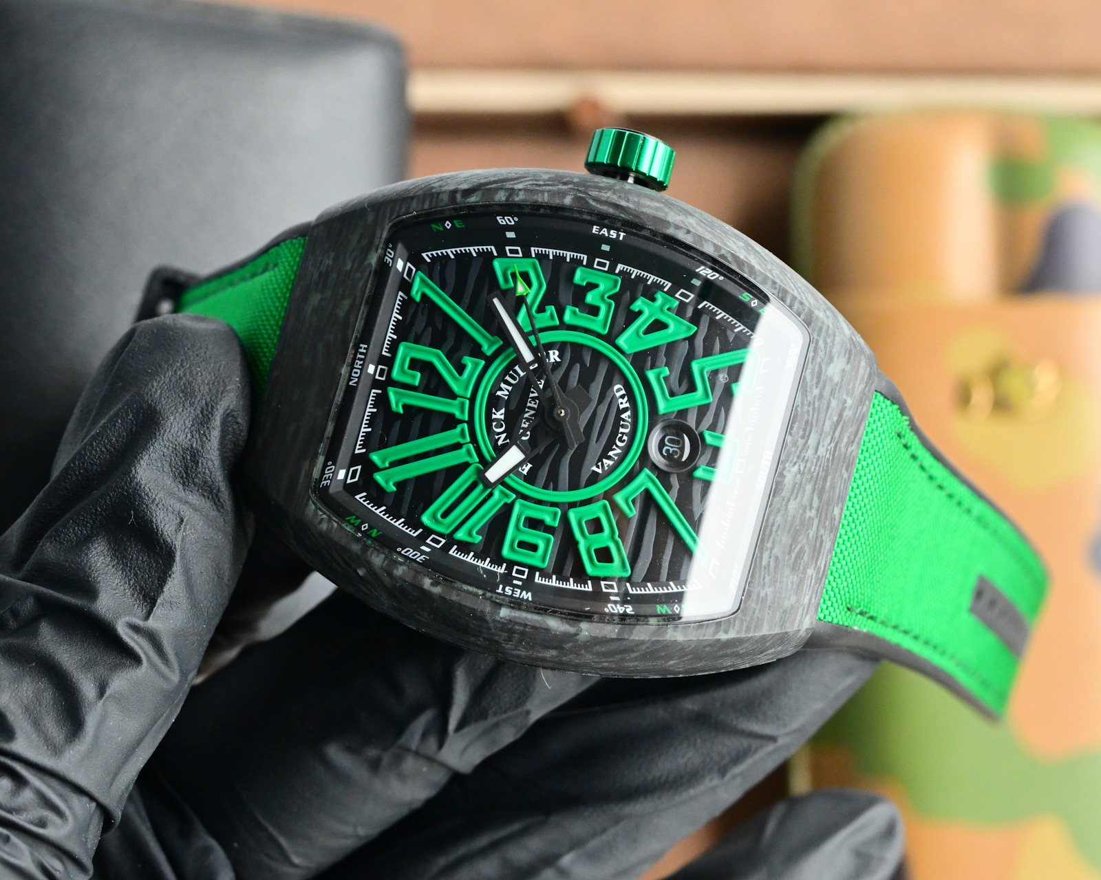 Franck Muller Vanguard V45 black carbon case, black dial, green numerals, green strap 45mm Men's Automatic