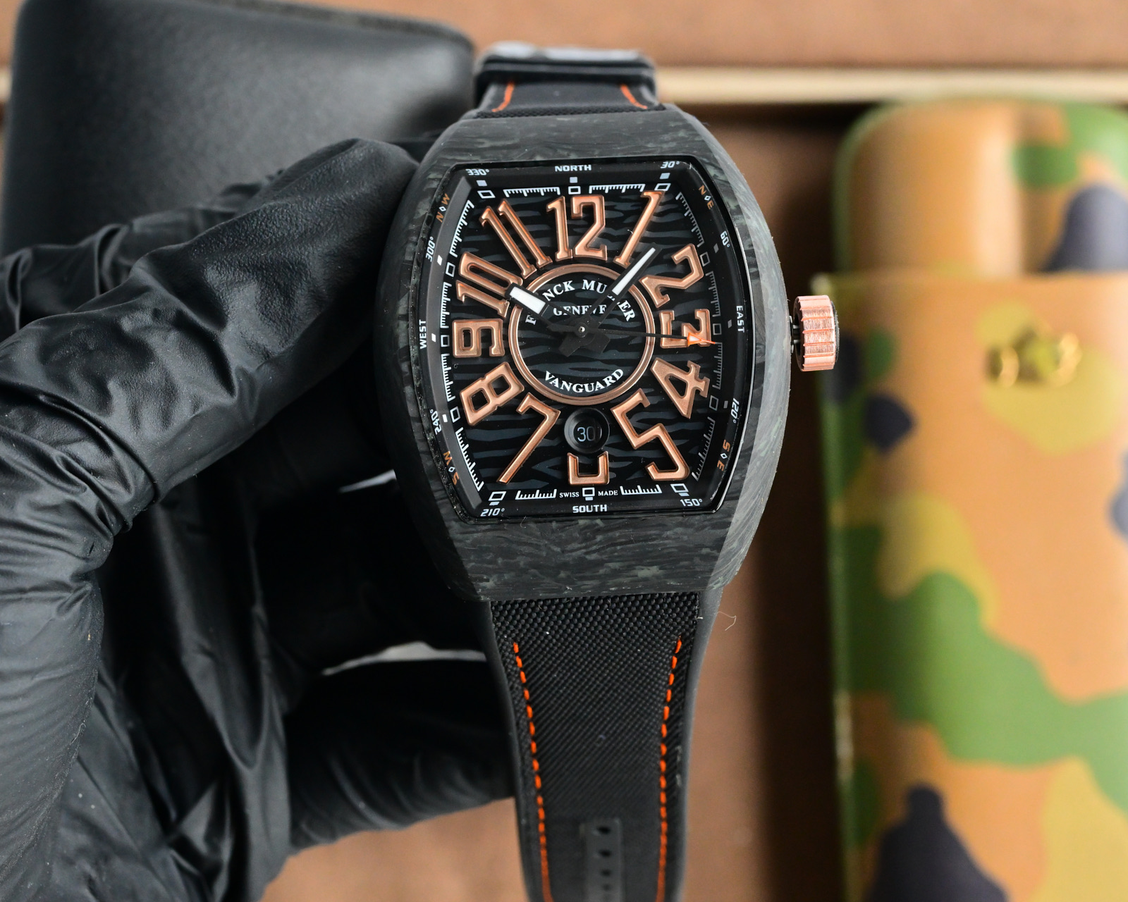 Franck Muller Vanguard V45 black case bezel and dial with red numerals, black strap with red stitching 45mm Men's Automatic