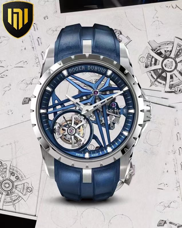 NO:728490,'NEW Factory' super new product, Roger Dubuis' 'Super Tourbillon Watch' is the latest watchmaking concept proposed by Roger Dubuis. It is based on the brand's persistent pursuit of unruly and luxurious splendor, and then upholds the enthusiasm for design and creation and superb watchmaking skills, and subsequently derived a series of timepieces. This Excalibur King Series Flying Tourbillon Watch is the best embodiment of the 'Super Watch'.  The size of this watch is 42 mm. The dial design uses dark blue as the main color and is matched with a double line shape. These carefully designed lines extend downward, infinitely close but never intersecting, forming a strong visual contrast. The case is made of 316L stainless steel. In addition, there are dark gray DLC-coated titanium alloy and EON  You can choose from GOLD rose gold watches, each with its own characteristics. The unique and unique star-shaped decoration is suspended above the barrel, and the hollow single flying tourbillon is located at 7 o'clock, which fully demonstrates Roger Dubuis' excellent watchmaking skills. 'NEW Factory' achieves new breakthroughs and treats watch lovers with 'heart'!  ,,burberry19860909『新厂-NEW Factory 』超级新品、罗杰杜彼“超级陀飞轮腕表”最新罗杰杜彼提出的制表理念,它基于品牌对桀骜不羁与奢华绚丽的执着追求,再秉持着对设计与创作的狂热以及精湛制表技艺,随之而衍生出来的一系列时计.这款Excalibur 王者系列飞行陀飞轮腕表就是“超级腕表”的最好体现. 这款腕表的尺寸为42毫米,盘面设计以深蓝色为主要配色、并搭配双线条造型,这些经过精心设计的线条向下延伸,无限靠近却永不相交,形成强烈的视觉对比效果.表壳采用316L精钢.此外还有深灰色DLC涂层钛合金以及EON GOLD玫瑰金材质的表款可以选择、三者各有特色.独特别致的星形装饰悬浮于发条盒上方,镂空单飞行陀飞轮则位于7点钟方向,将罗杰杜彼的卓越制表技艺展现的淋漓尽致. 『新厂-NEW Factory』实现新突破,用“心”对待腕表爱好者！,,burberry,Watch