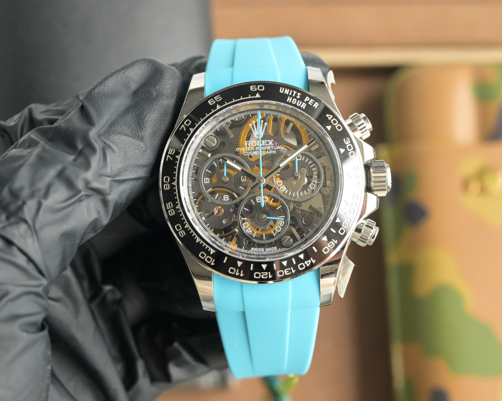 Rolex Daytona Modified Watch with Turquoise Band and Skeleton Dial