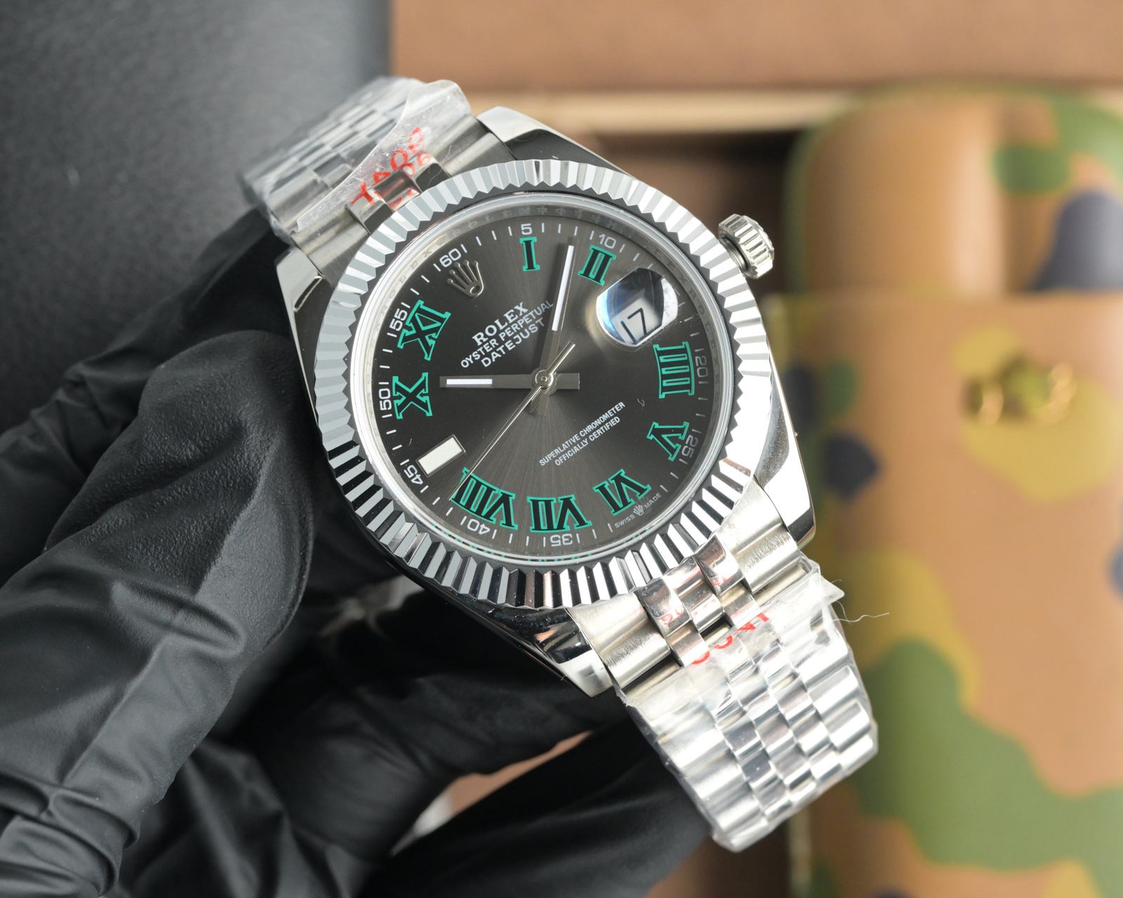 שעון רולקס Datejust 41 מ"מ מפלדת אל-חלד עם חוגה אפורה וספרות רומיות ירוקות 3 i1755973615557 244 0 1