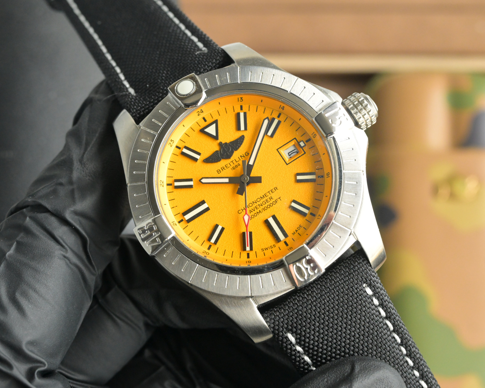 Breitling Avenger Automatic Men's Watch, 43mm Yellow Dial with Black Canvas Strap 3 i1757700483404 3893 0 1