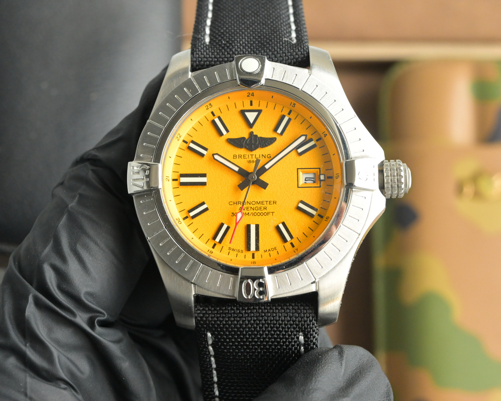 Breitling Avenger Automatic Men's Watch, 43mm Yellow Dial with Black Canvas Strap 2 i1757700484507 768 0 0