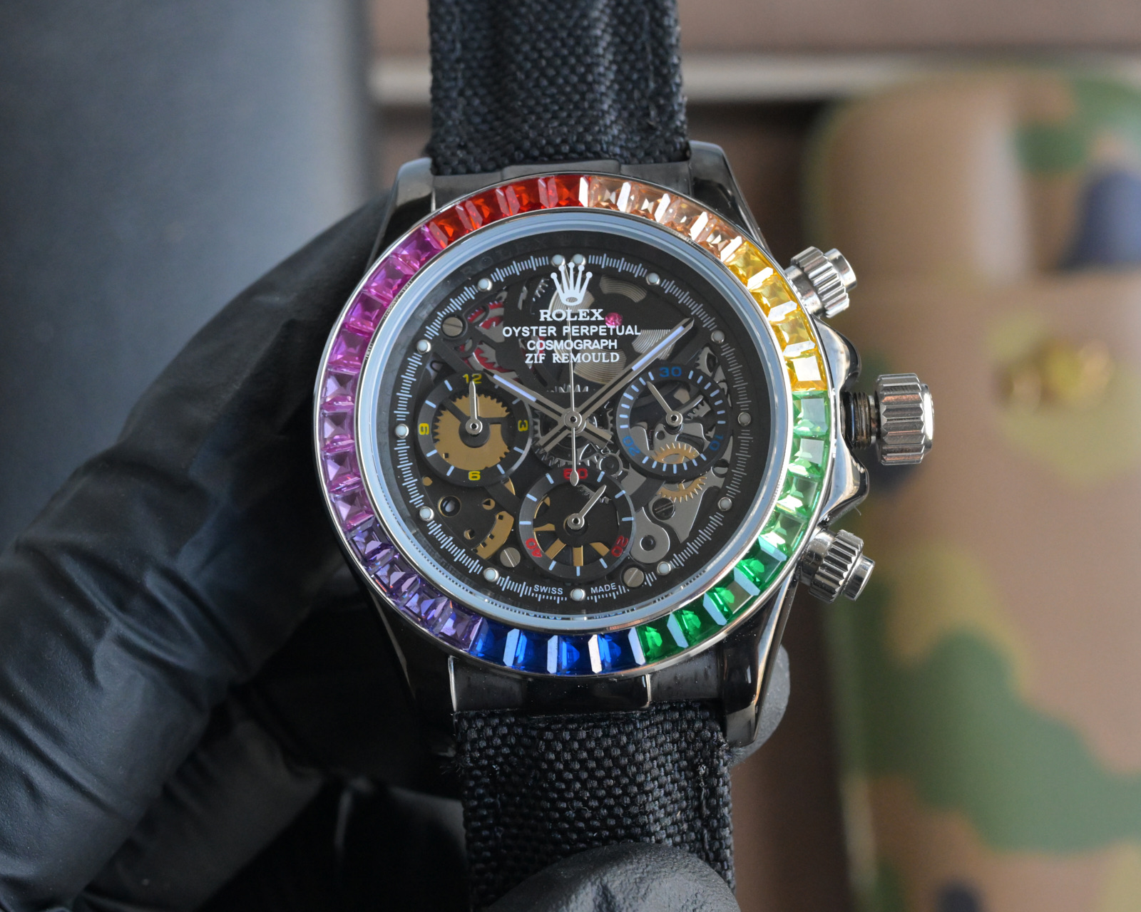 Rolex Daytona Rainbow stainless steel case, rainbow gemstone bezel, black skeleton dial, light fabric strap 40mm Men's Automatic