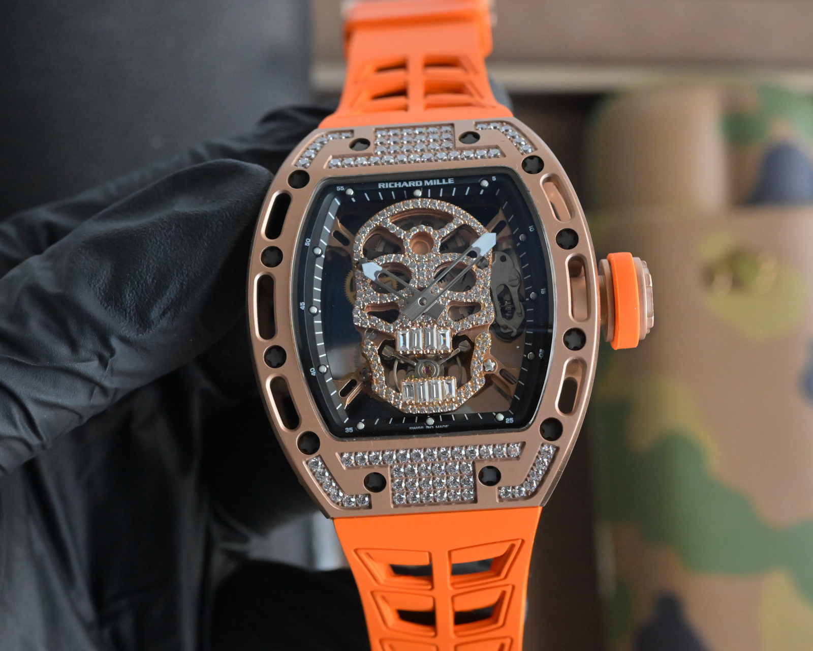 Richard Mille RM 052 Skull grey titanium and diamond-set case, black skeleton dial, orange rubber strap 42.7mm Men's Mechanical