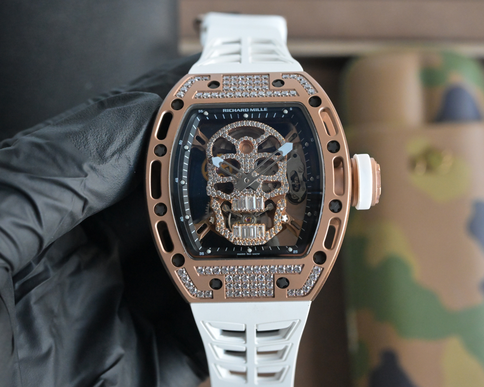 Richard Mille RM 052 Skull grey titanium and diamond-set case, black skeleton dial, orange rubber strap 42.7mm Men's Mechanical