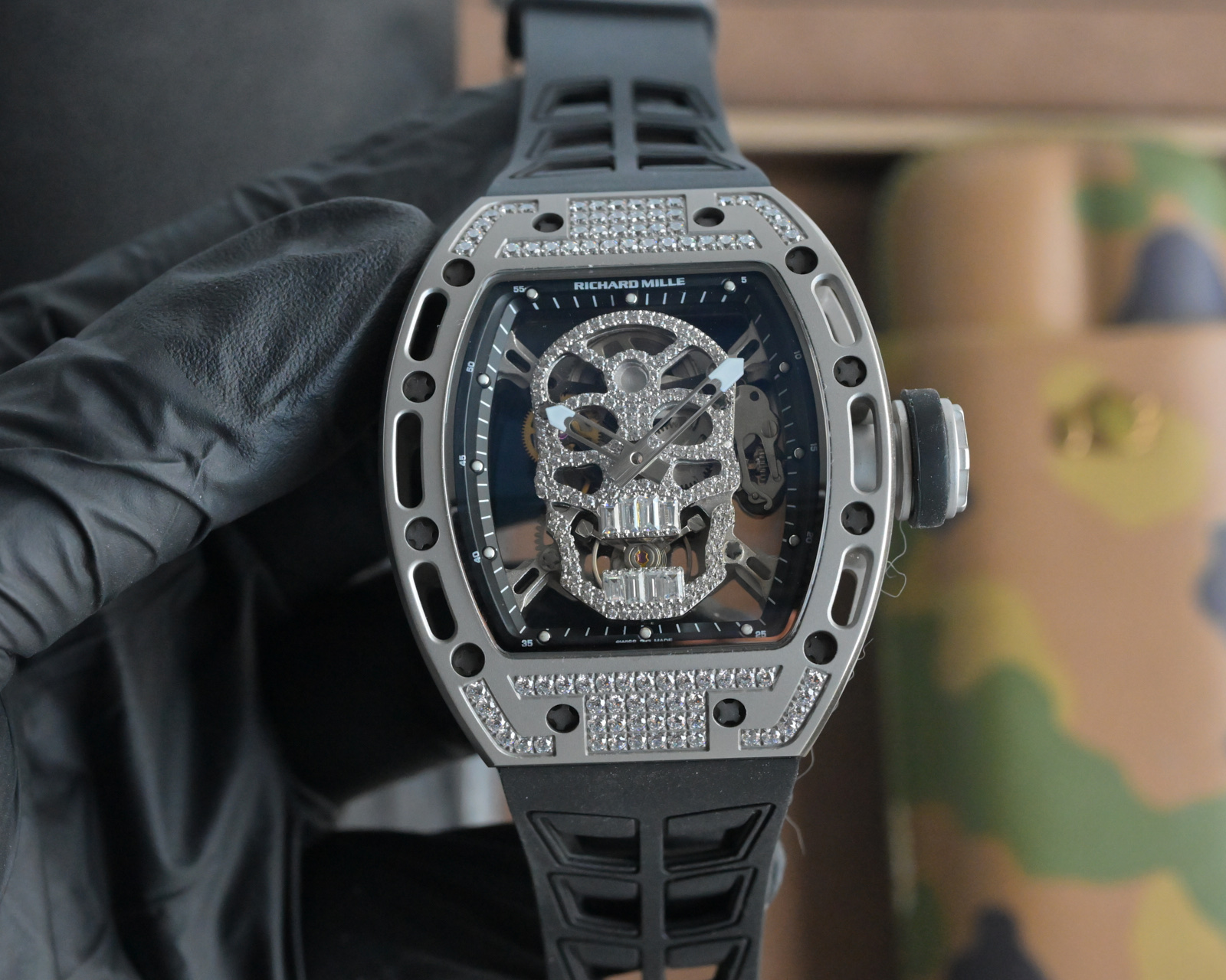 Richard Mille RM 052 Skull grey titanium and diamond-set case, black skeleton dial, orange rubber strap 42.7mm Men's Mechanical