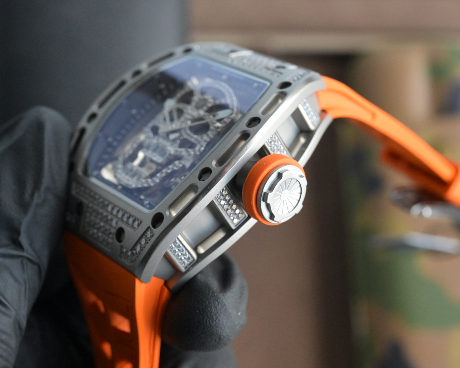 Richard Mille RM 052 Skull grey case with diamond-set bezel, skeleton skull dial, orange rubber strap 42.7mm Men's Mechanical