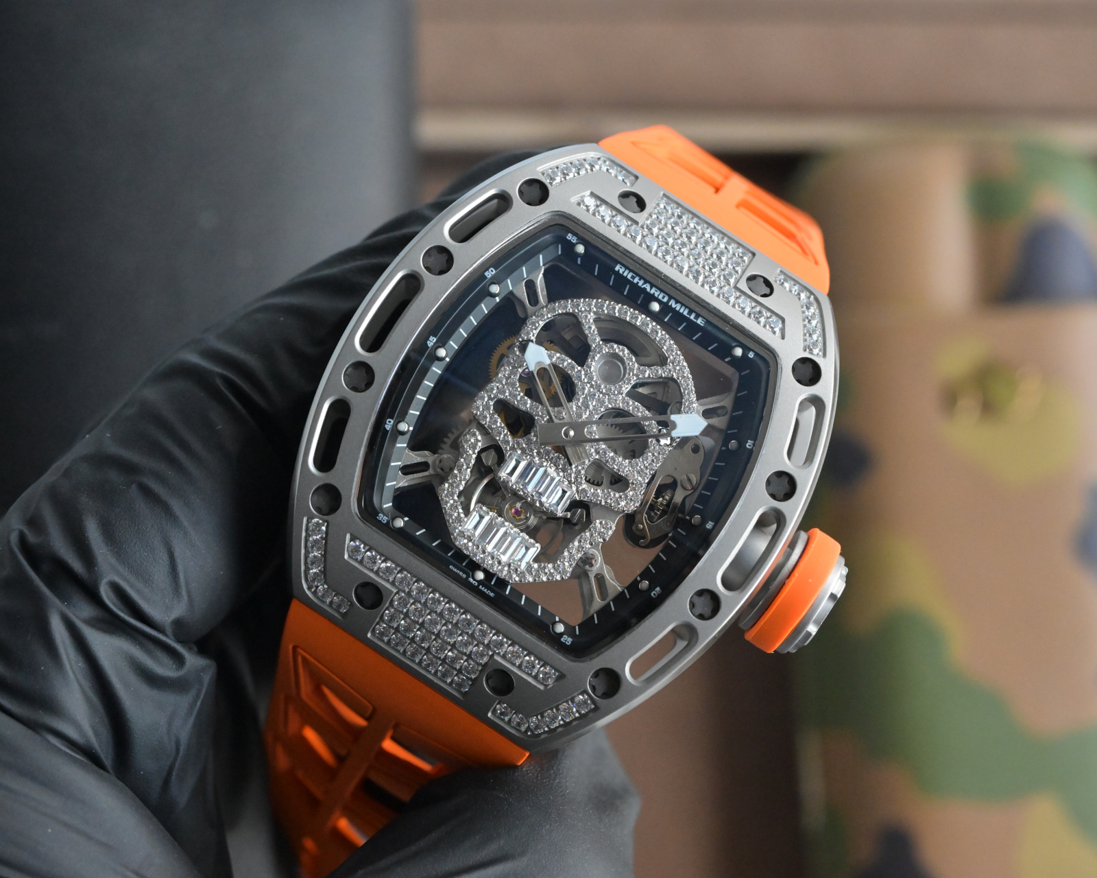 Richard Mille RM 052 Skull grey case with diamond-set bezel, skeleton skull dial, orange rubber strap 42.7mm Men's Mechanical