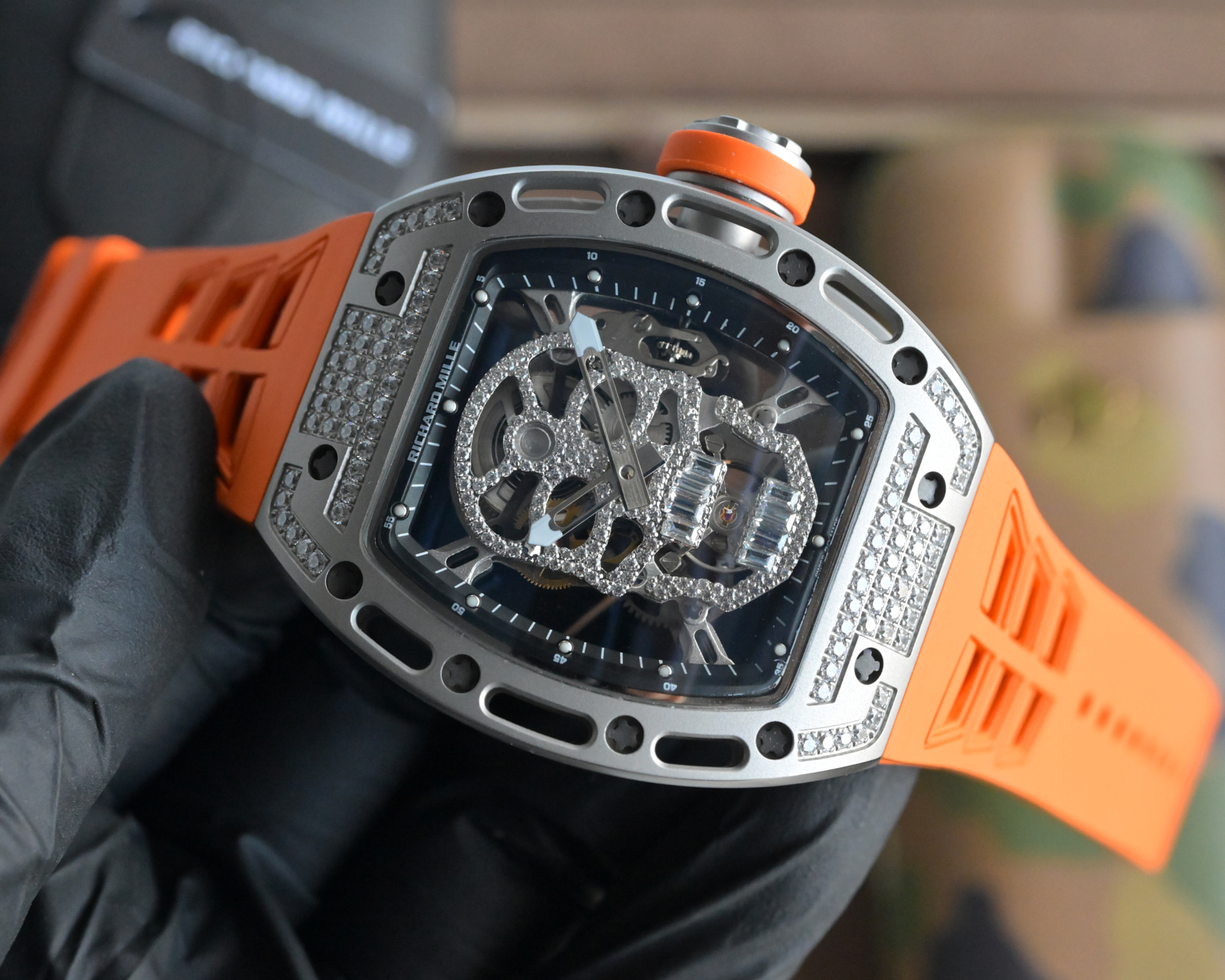 Richard Mille RM 052 Skull grey case with diamond-set bezel, skeleton skull dial, orange rubber strap 42.7mm Men's Mechanical
