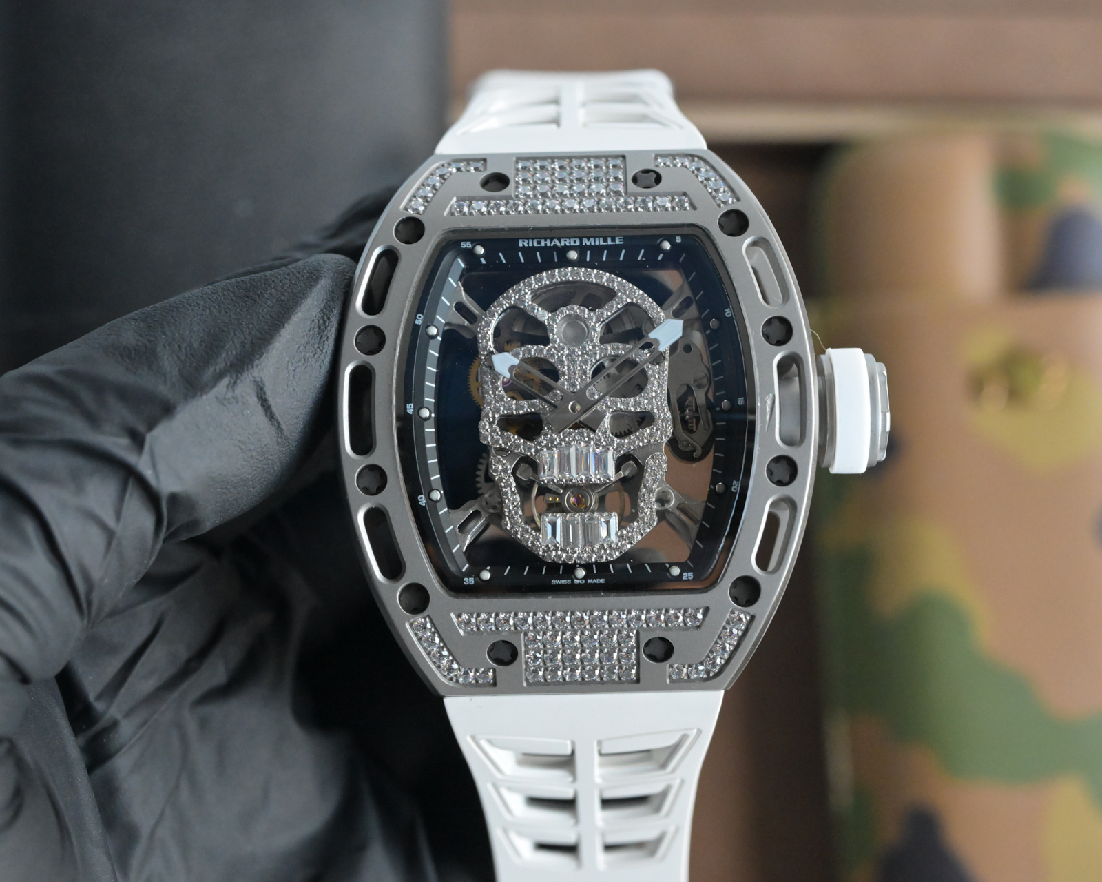 Richard Mille RM 052 Skull grey titanium and diamond-set case, black skeleton dial, orange rubber strap 42.7mm Men's Mechanical