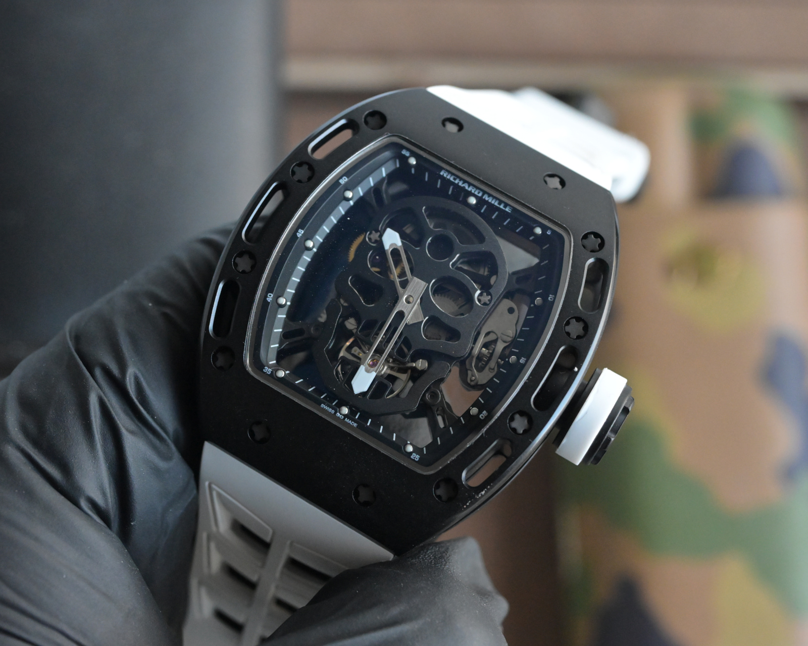 Richard Mille RM 052 Skull black carbon case, black bezel, skeleton dial, white strap 49.9mm Men's Automatic