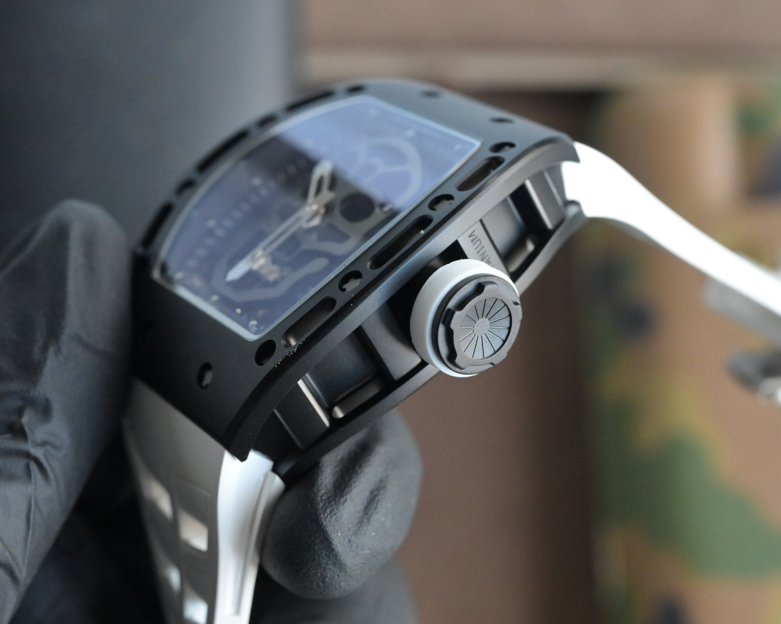 Richard Mille RM 052 Skull black carbon case, black bezel, skeleton dial, white strap 49.9mm Men's Automatic