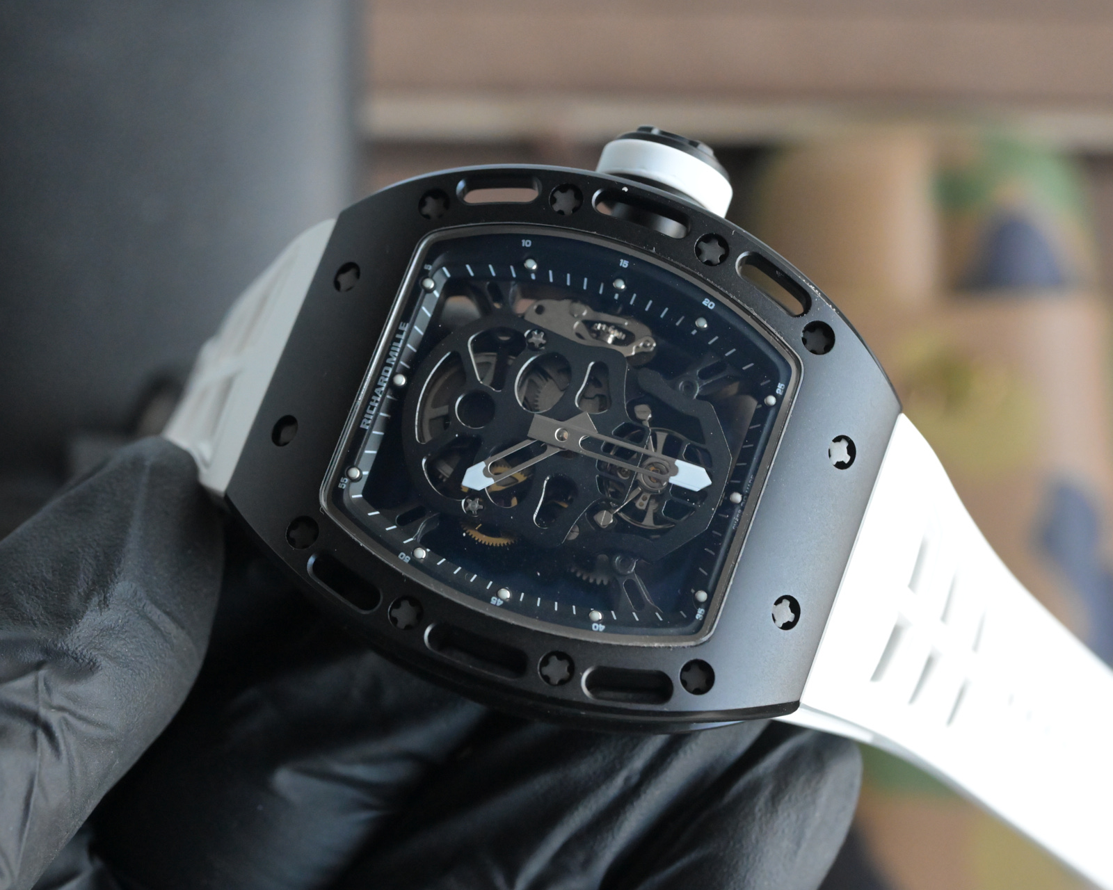 Richard Mille RM 052 Skull black carbon case, black bezel, skeleton dial, white strap 49.9mm Men's Automatic