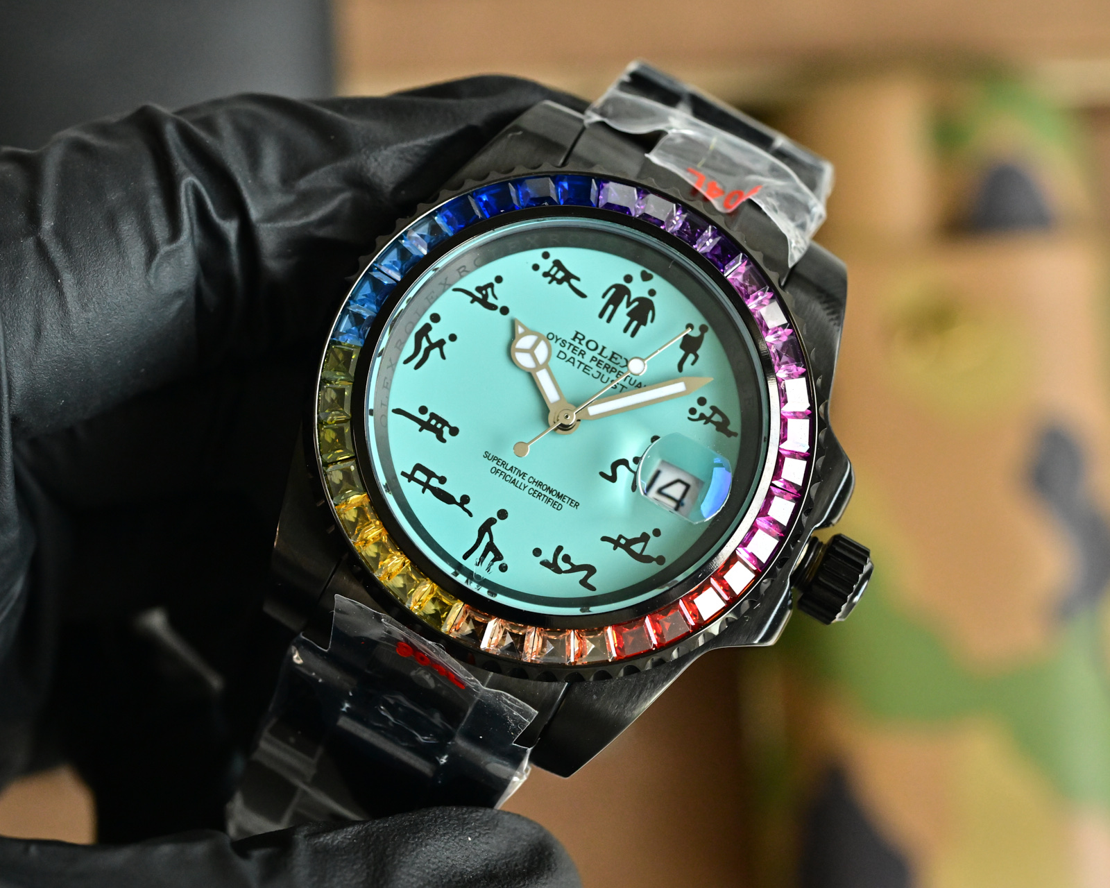 Rolex Oyster Perpetual Datejust black case, rainbow bezel, turquoise dial, black strap 36mm Unisex Automatic