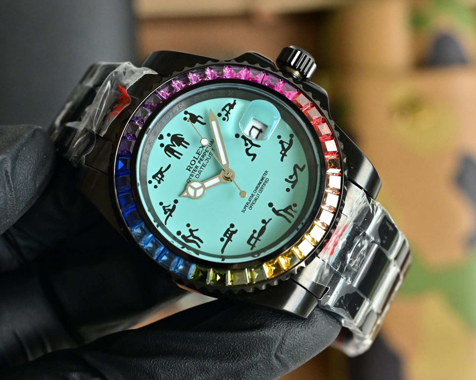 Rolex Oyster Perpetual Datejust black case, rainbow bezel, turquoise dial, black strap 36mm Unisex Automatic