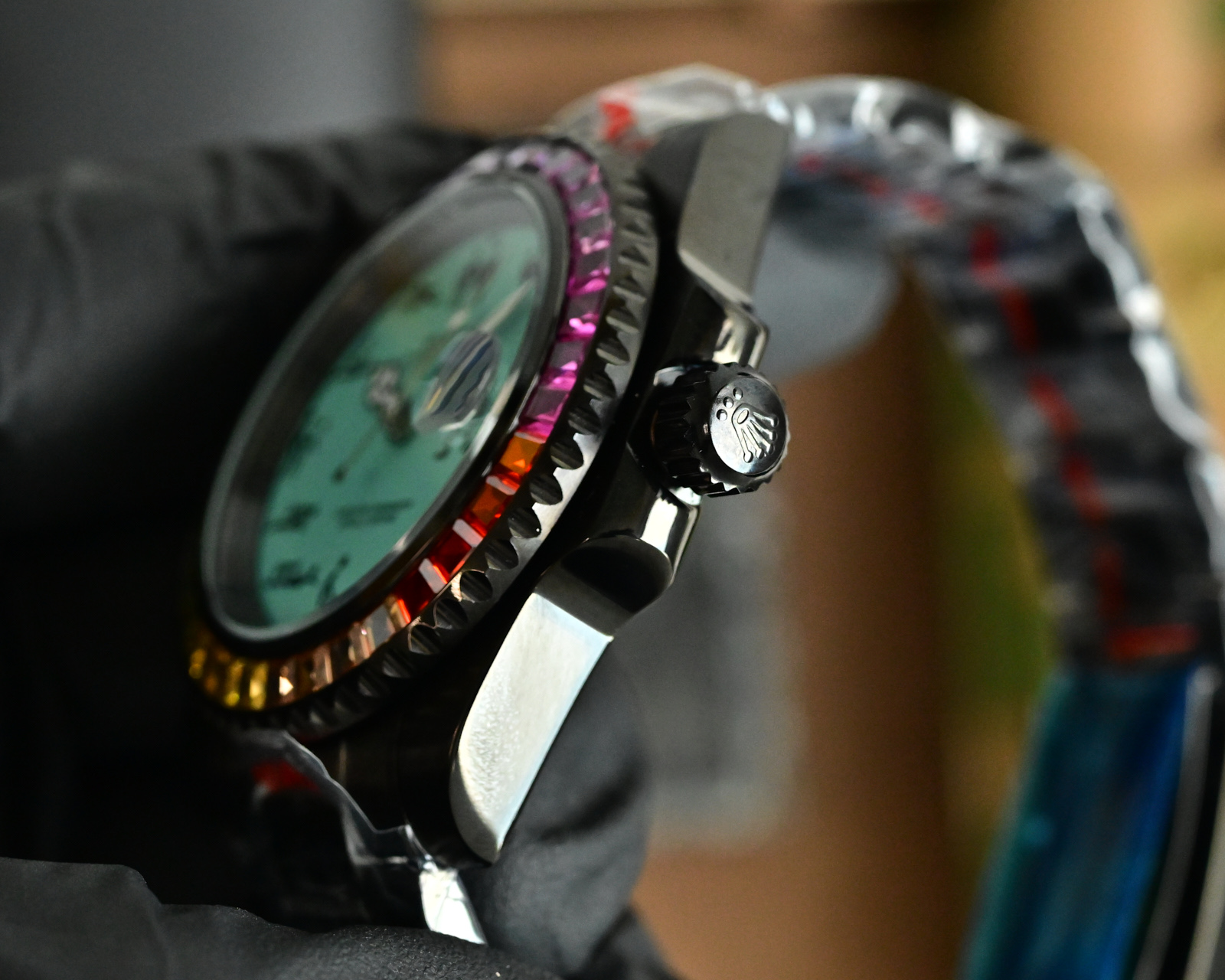 Rolex Oyster Perpetual Datejust black case, rainbow bezel, turquoise dial, black strap 36mm Unisex Automatic