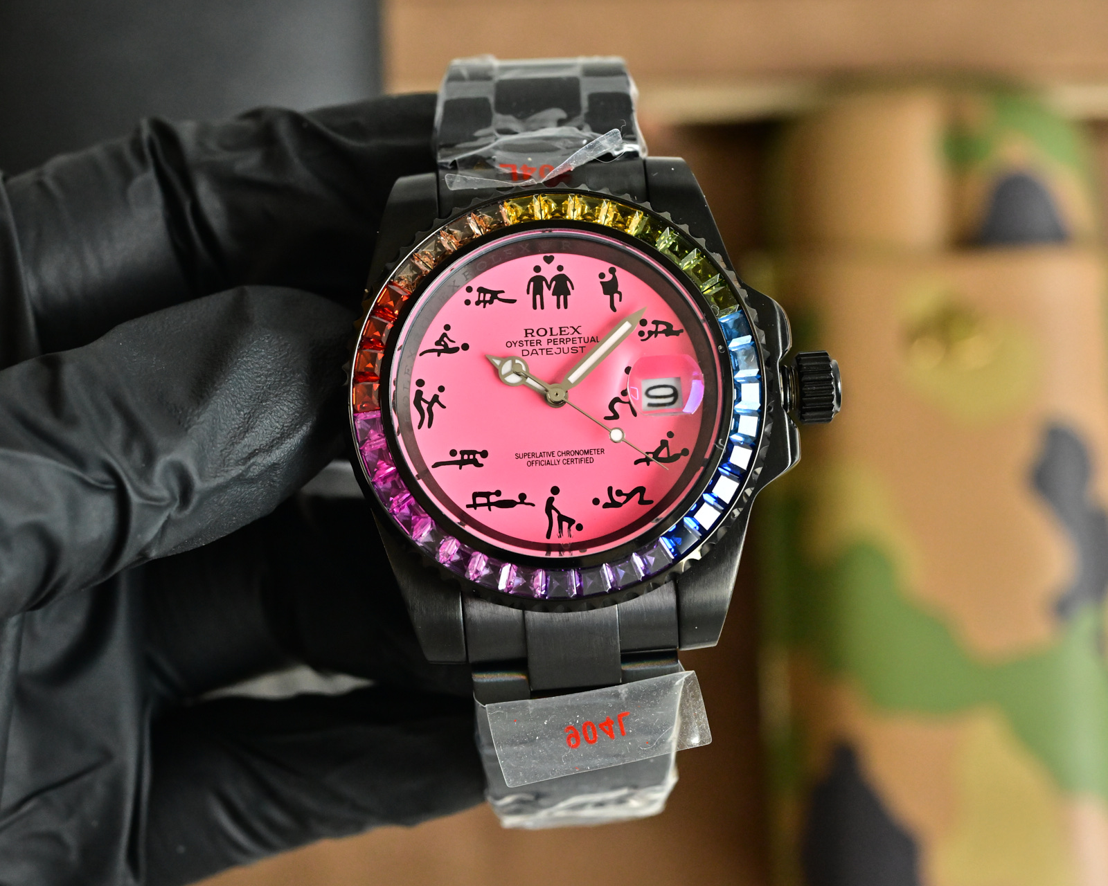 Rolex Datejust black case, rainbow gemstone bezel, turquoise dial, black bracelet 36mm Unisex Automatic