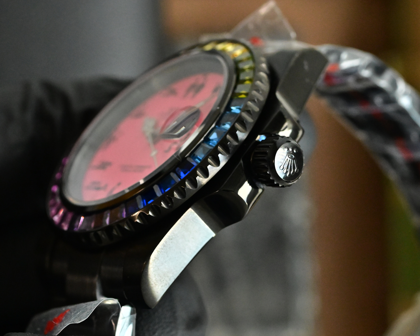 Rolex Datejust black case and bracelet, rainbow gem-set bezel, pink dial 36mm Unisex Automatic