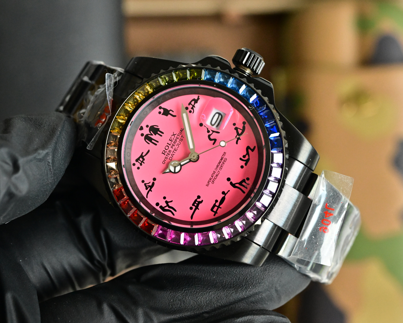 Rolex Datejust black case and bracelet, rainbow gem-set bezel, pink dial 36mm Unisex Automatic