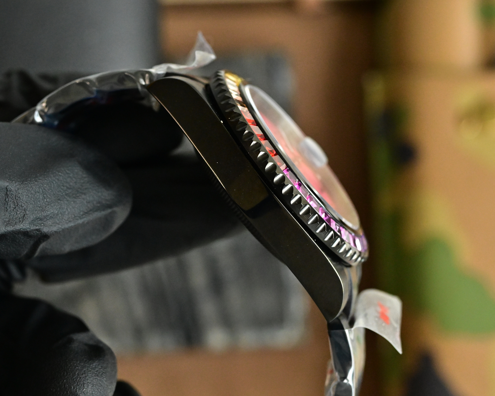 Rolex Datejust black case and bracelet, rainbow gem-set bezel, pink dial 36mm Unisex Automatic