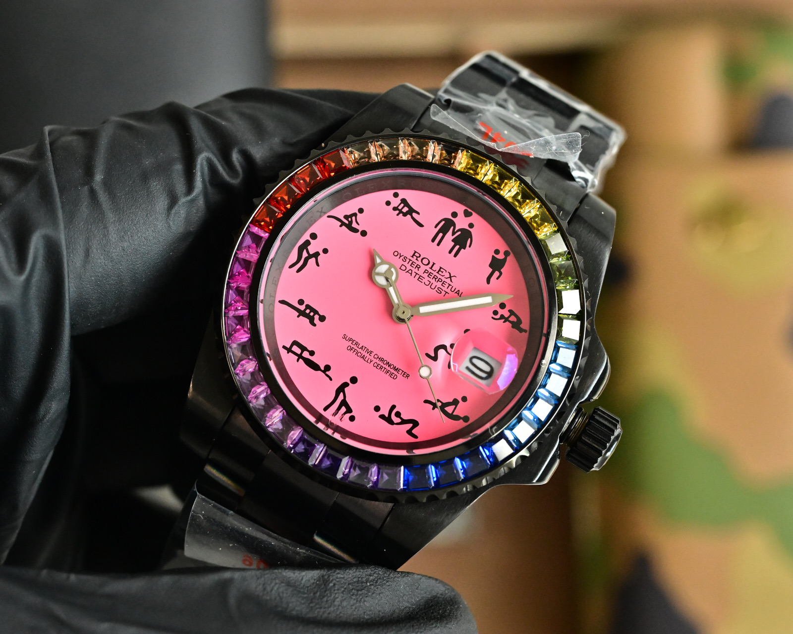 Rolex Datejust black case and bracelet, rainbow gem-set bezel, pink dial 36mm Unisex Automatic